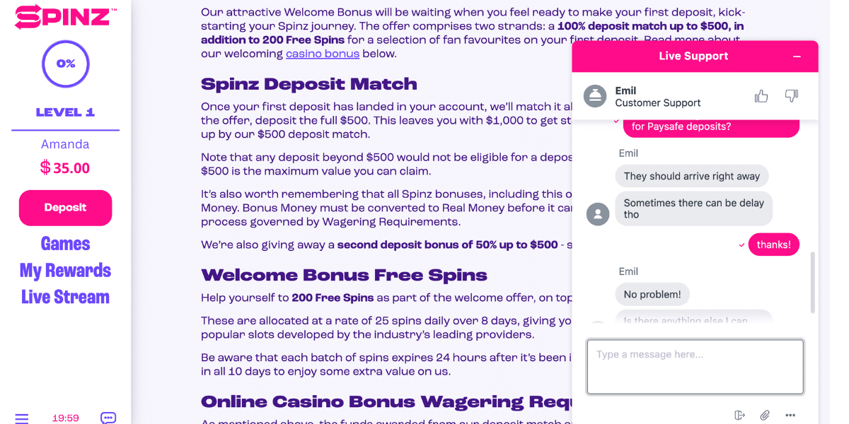 Spinz Casino customer support